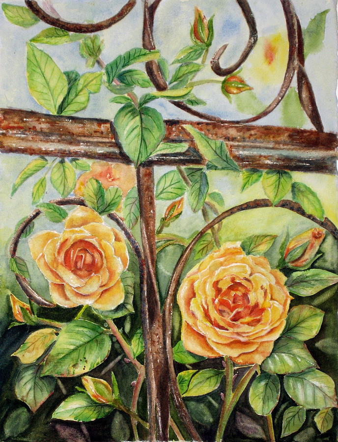 Rose Painting - Roses At Garden Fence by Patricia Pushaw