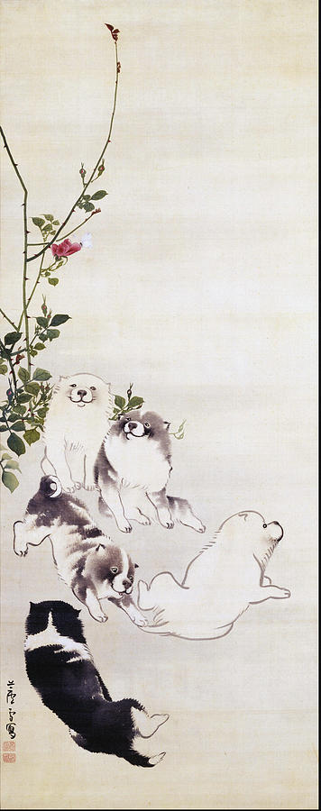 Butterfly Painting - Roses  Butterfly and Puppies by Nagasawa Rosetsu