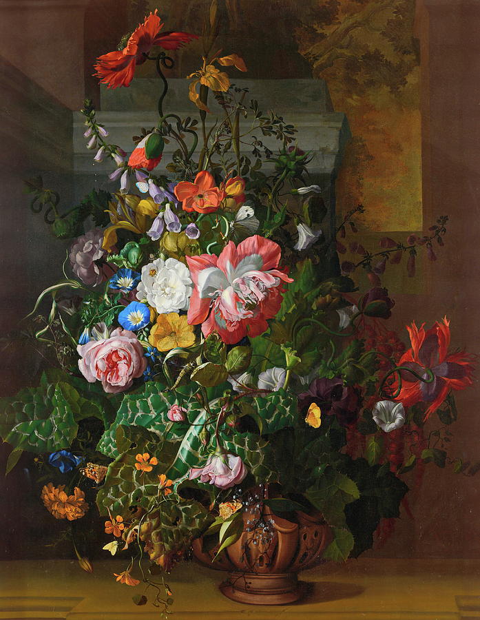 Rachel Ruysch Painting - Roses  Convolvulus  Poppies  and Other Flowers in an Urn on a Stone Ledge by Rachel Ruysch