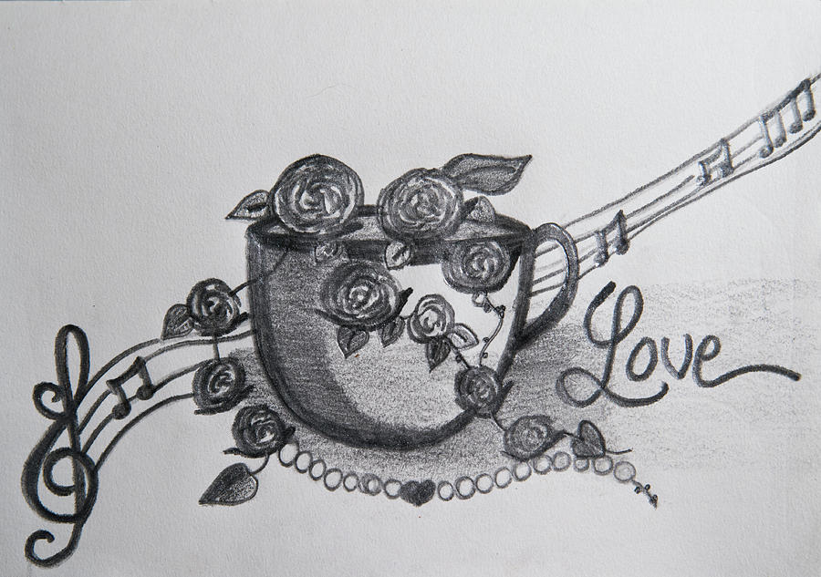 Roses Drawing - Roses in a cup by Lynette Fekete Roses Drawing - Roses in a cup by Lynette Fekete