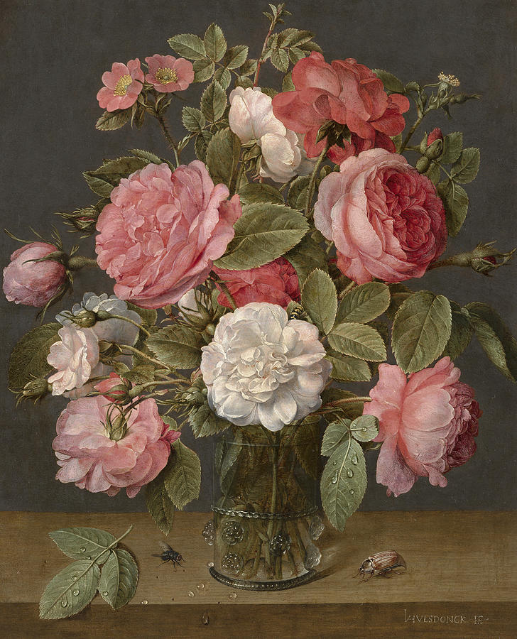 Flower Painting - Roses in a Glass Vase by Jacob van Hulsdonck
