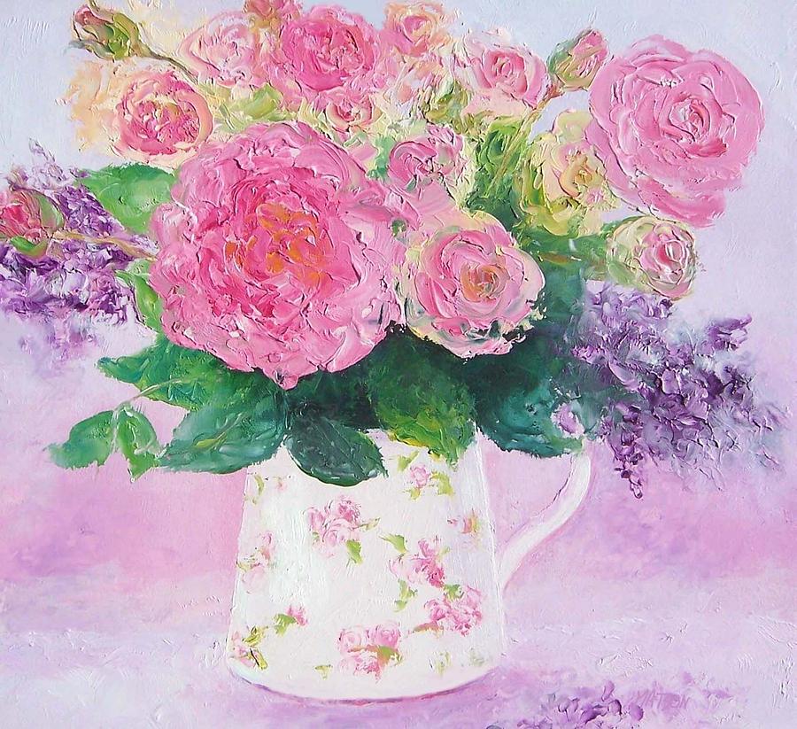 Roses in a pink floral jug Painting by Jan Matson