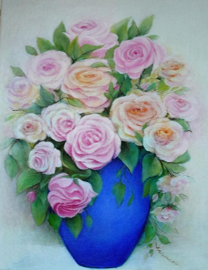 Roses In Blue Vase Painting by Barbara Anna Cichocka
