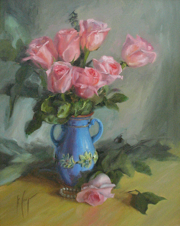 shirts t round table Vase Roses In Blue by Kathy Cooper Painting