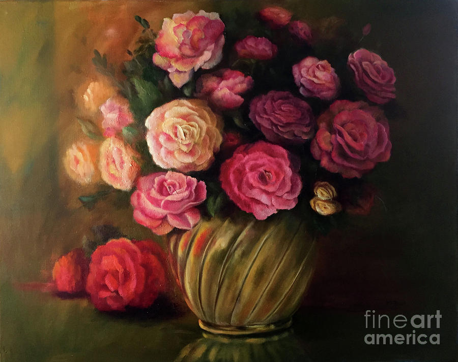 Roses in Brass Bowl Painting by Marlene Book