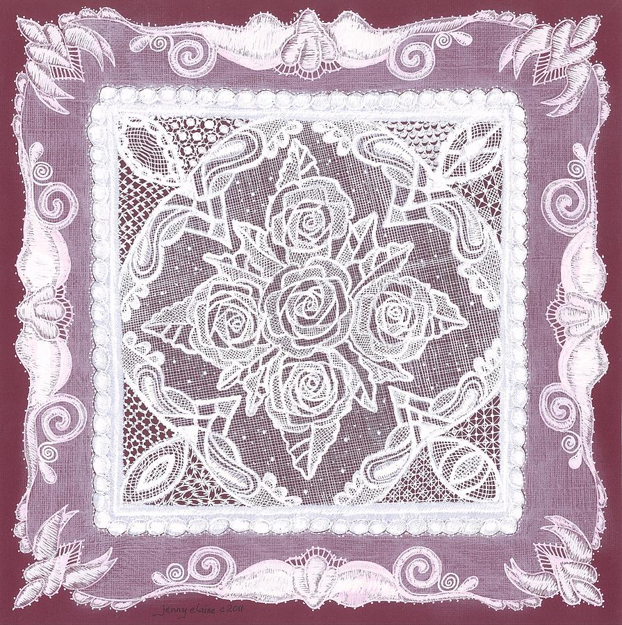 Wine Drawing - Roses-n-Lace Doily by Jenny Sorge