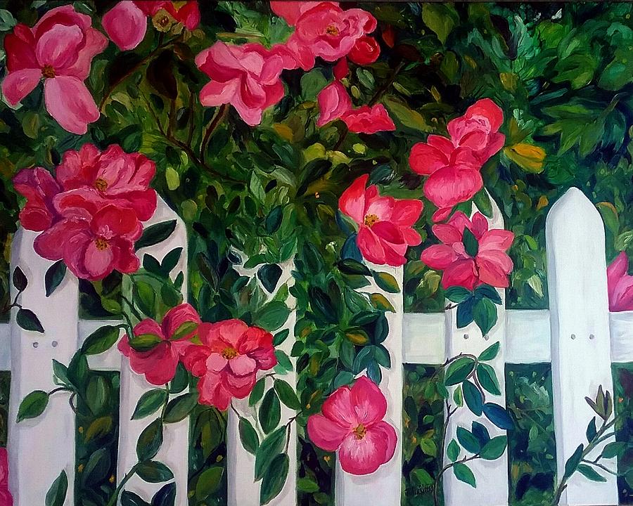 Roses on a White Picket Fence Painting by Julie Brugh Riffey