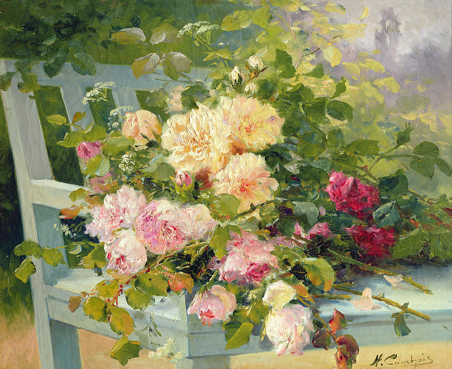 Rose Photograph - Roses on the bench  by Eugene Henri Cauchois