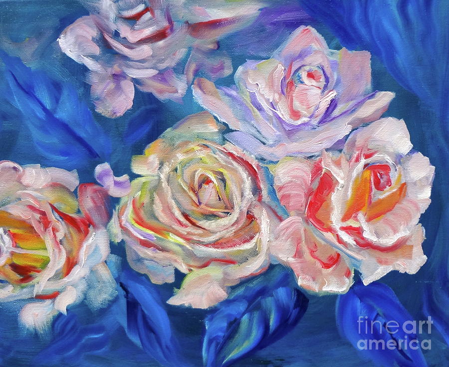 Roses, Roses on Blue Painting by Jenny Lee