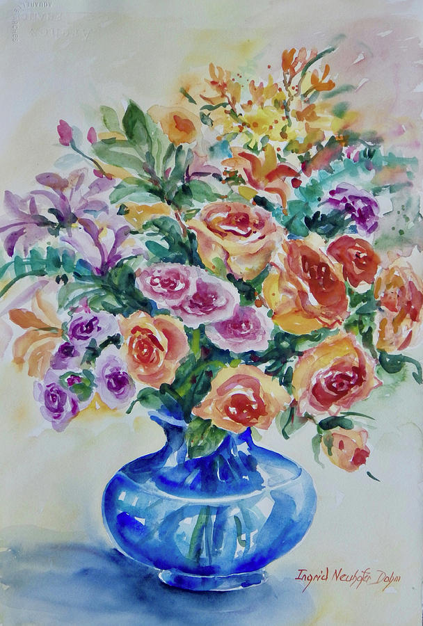 Roses with Blue Vase Painting by Ingrid Dohm