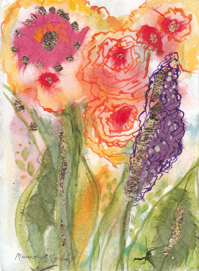 Roses with purple Mixed Media by Mary Lou McCambridge