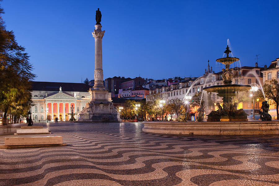Rossio Square by Night in Lisbon Photograph by Artur Bogacki