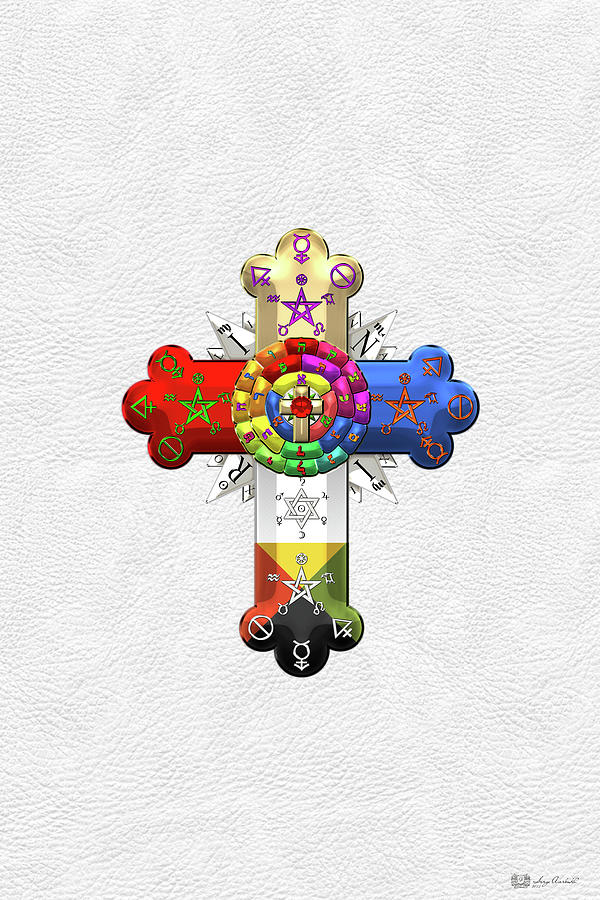 Rosy Cross - Rose Croix on White Leather  Digital Art by Serge Averbukh