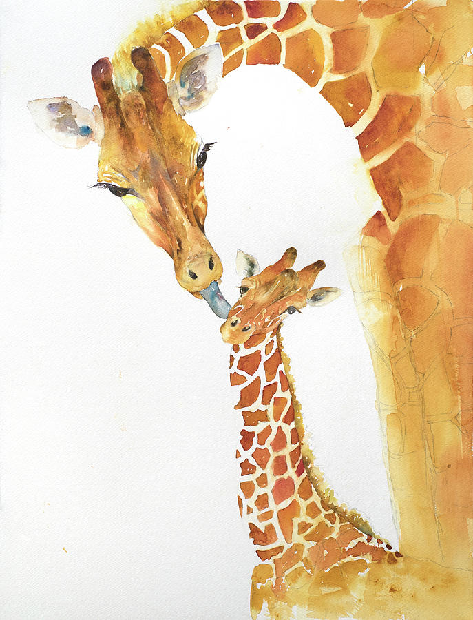 Rothschild Giraffe, mother and child Painting by Maureen Moore