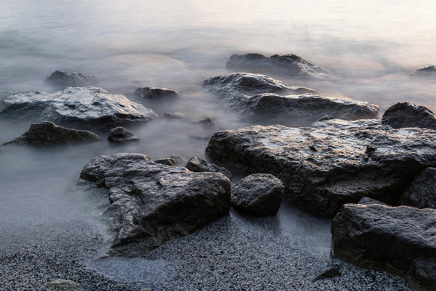 Rough and Soft - Smoky Waves and Rocks on the Beach  Photograph by Georgia Mizuleva