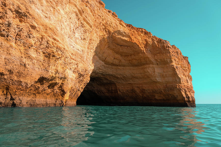 Rough Beauty - Algarve Coastal Sea Cave in Orange and Teal Photograph by Georgia Mizuleva