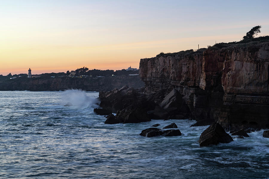 Rough Coast - Sunset Cliffs at Farol da Guia Lighthouse in Cascais Lisbon Portugal Photograph by Georgia Mizuleva