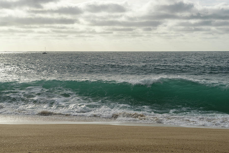Rough Ocean - Aquamarine Wave and a Faraway Yacht from the Beach Photograph by Georgia Mizuleva