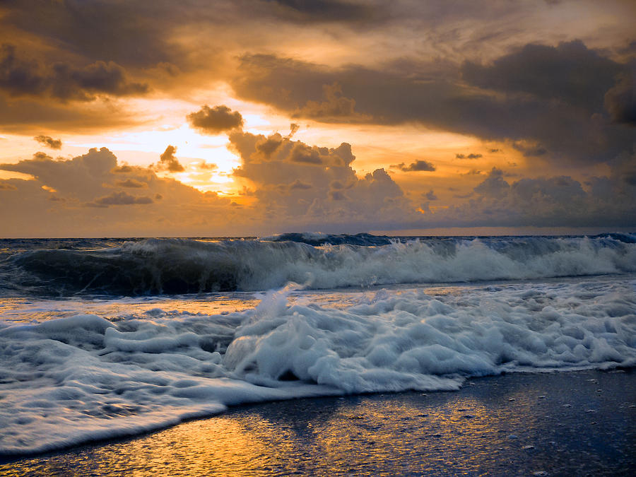 Nature Photograph - Rough surf and golden sunset. by Gene Camarco