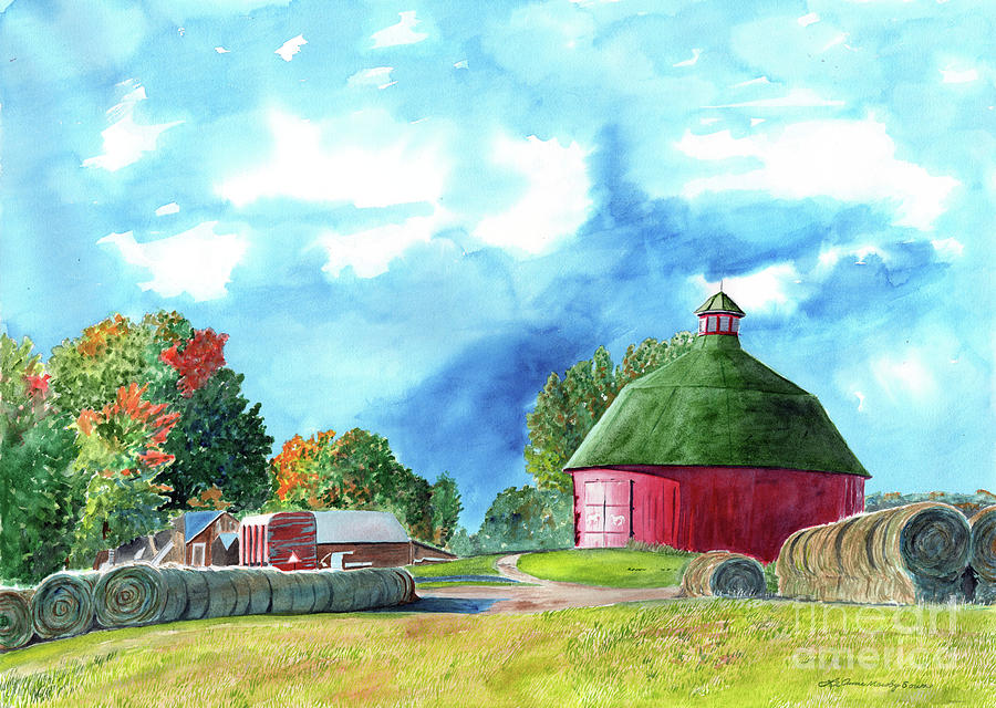 Round Bales, Round Red Barns, Barn Painting, Barn prints Painting by LeAnne Sowa