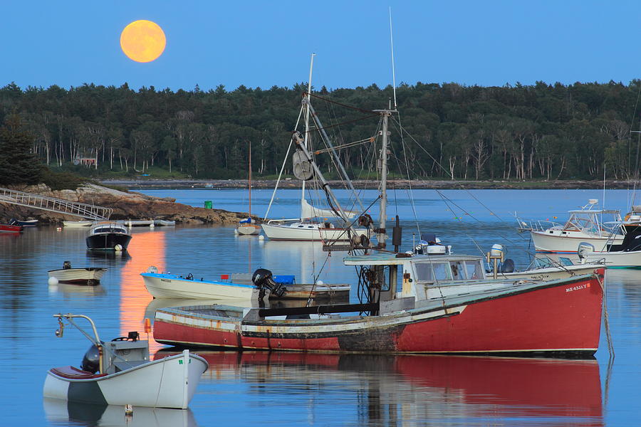 Moonrise and Boats Round Pond Harbor Maine Photograph by John Burk