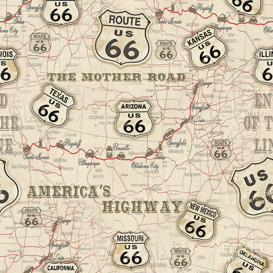 Route 66 Map-JP3960 Painting by Jean Plout