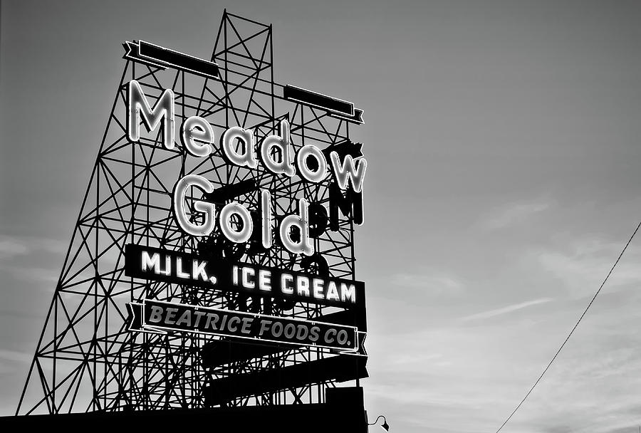Tulsa Photograph - Route 66 Meadow Gold Neon Sign - Tulsa Oklahoma - Black and White by Gregory Ballos