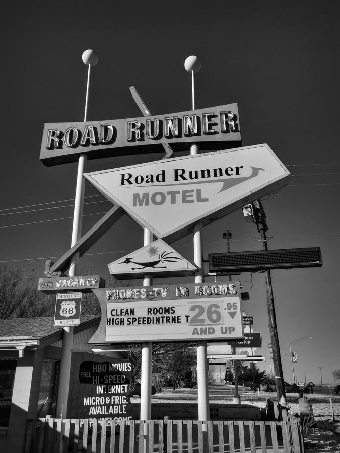Route 66 - Road Runner Motel 001 BW Photograph by Lance Vaughn