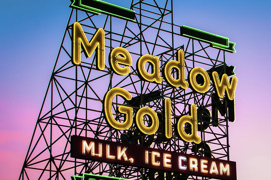 Vintage Sign Photograph - Route 66 Tulsa Meadow Gold Neon Sign by Gregory Ballos