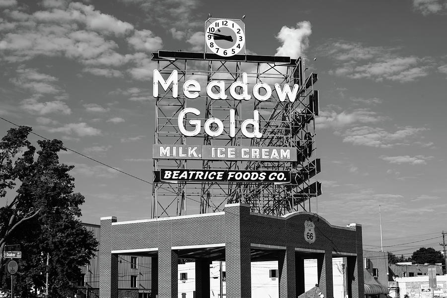 Route 66 Tulsa Meadow Gold Vintage Sign  - Black and White Photograph by Gregory Ballos