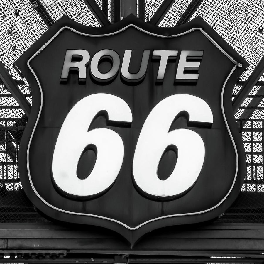 Black And White Photograph - Route 66 Vintage Neon Sign Black White by Gregory Ballos