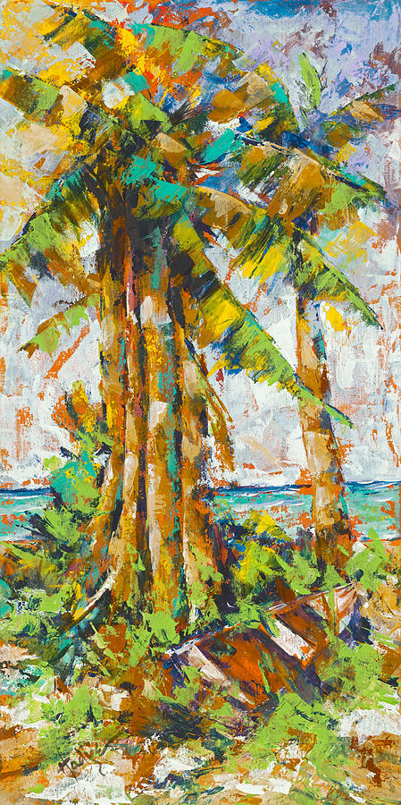 Row Boat under Palm Trees Painting by Mary DuCharme