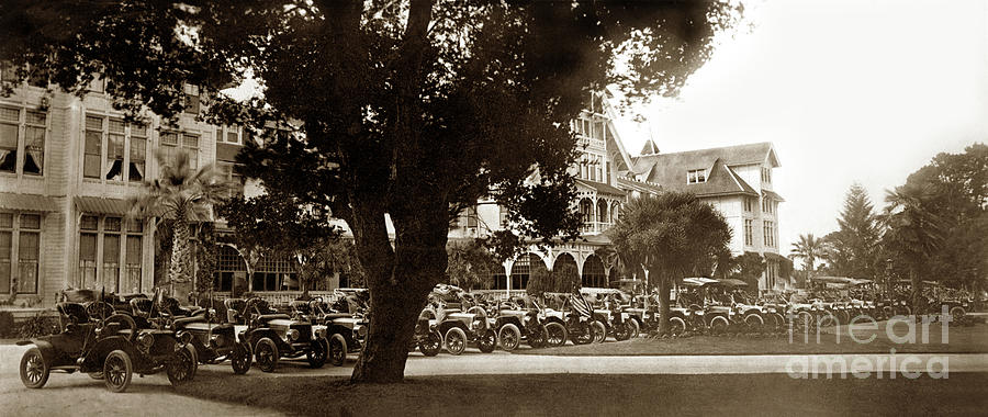 Car Photograph - Row of Automobile in front of the Del Monte Hotel Circa 1908 by Monterey County Historical Society