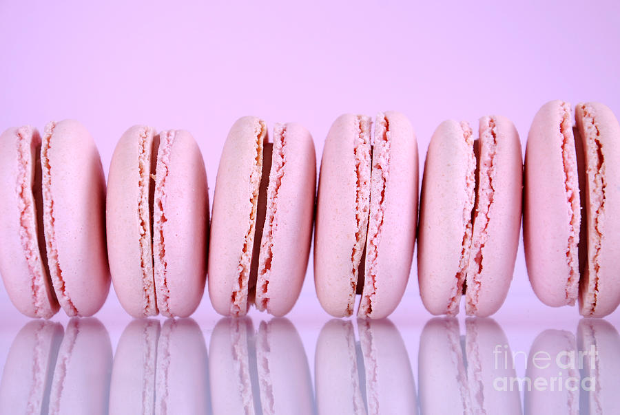 Cookie Photograph - Row of pink macaron cookies by Milleflore Images