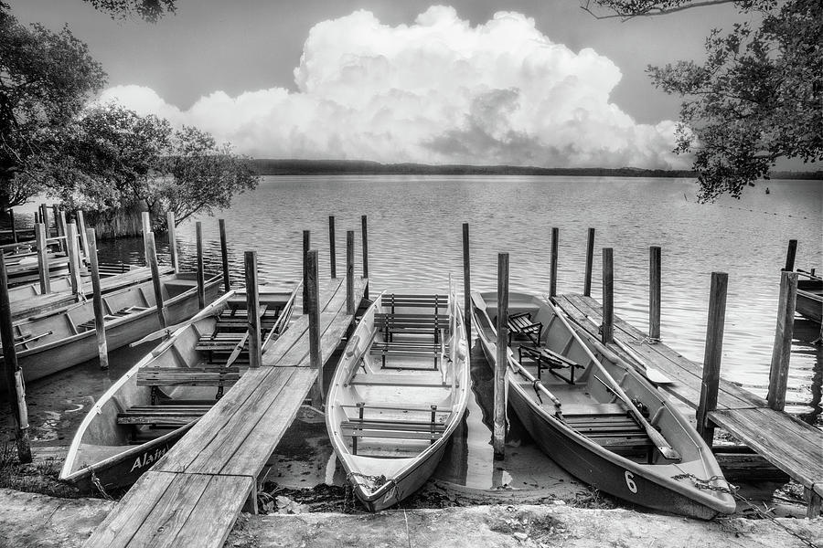 Rowboats at the Lake in Black and White Photograph by Debra and Dave Vanderlaan