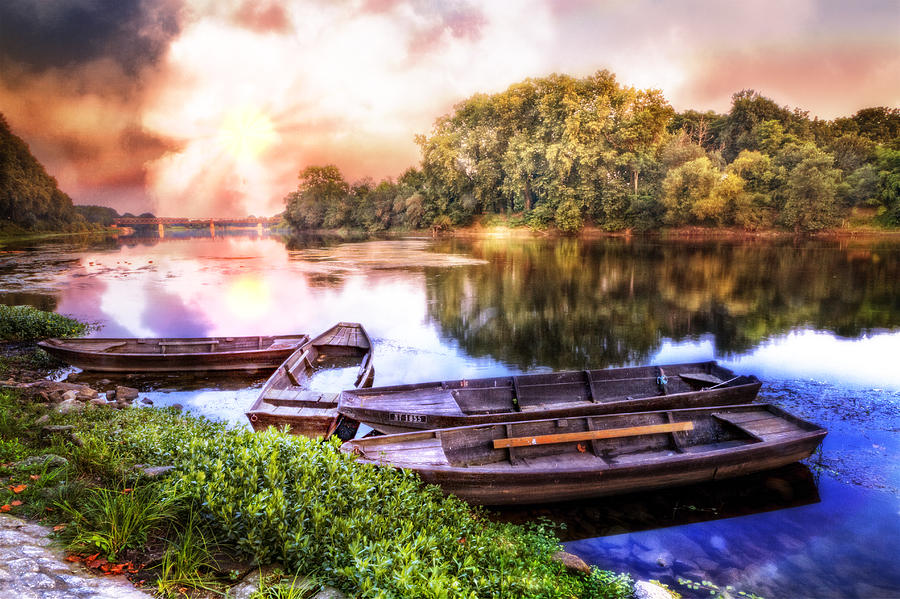 Rowboats on the River at Dawn Photograph by Debra and Dave Vanderlaan