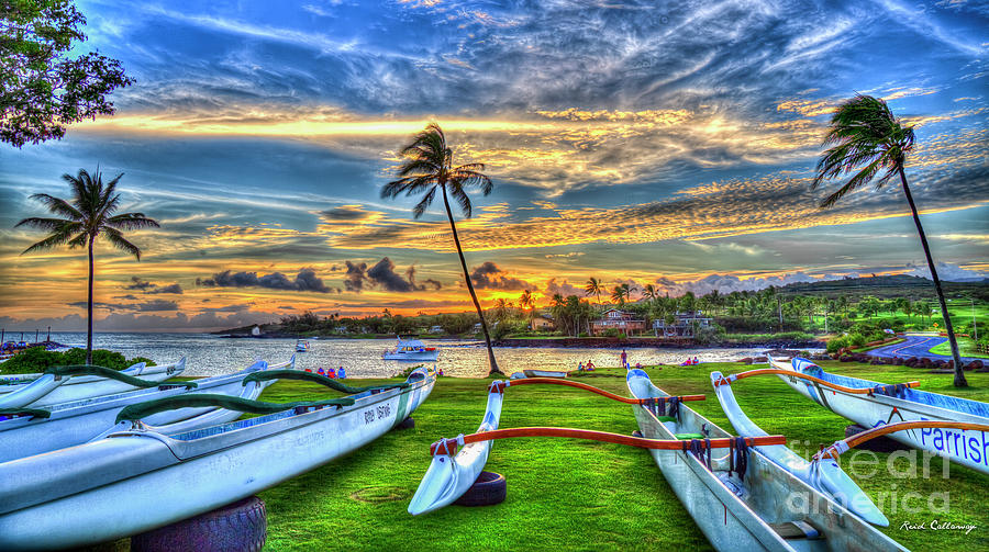 Rowing Kukui Ula Small Boat Harbor Sunset Kauai Hawaii Art Photograph by Reid Callaway