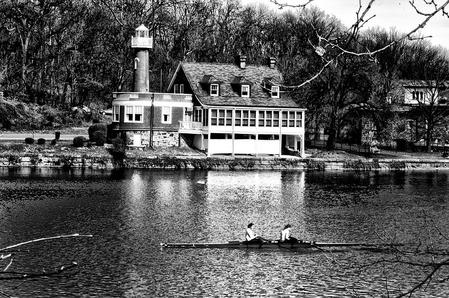 Turtle Photograph - Rowing Past Turtle Rock Light House in Black and White by Bill Cannon