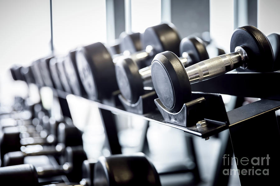 Rows of dumbbells on a rack in the gym. Photograph by Michal Bednarek