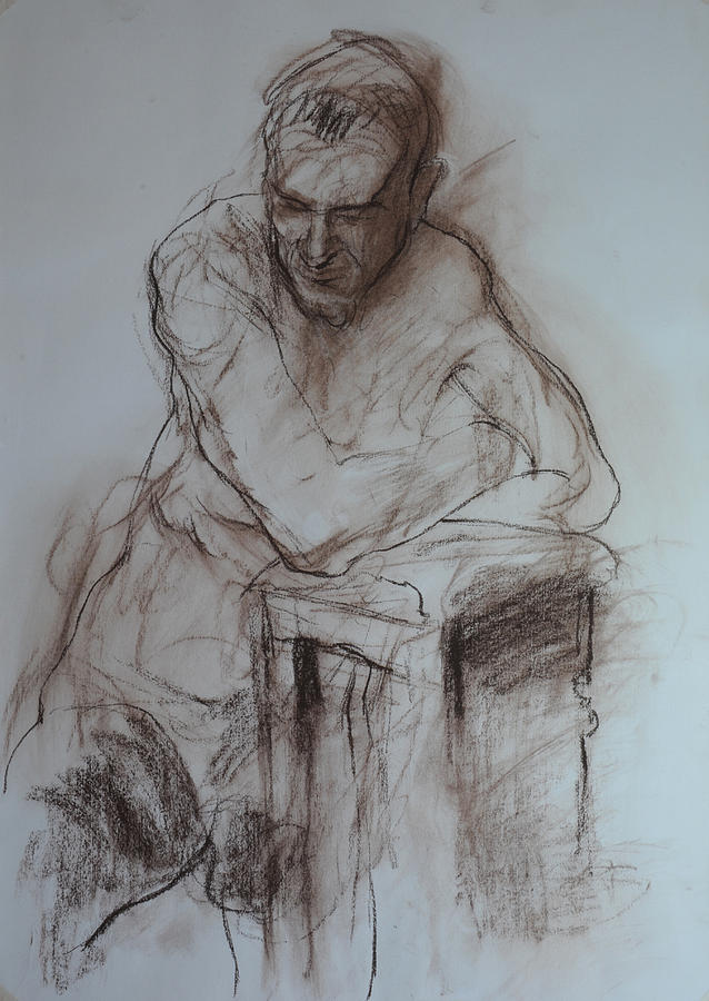 Roy leaning on stool. Drawing by Harry Robertson