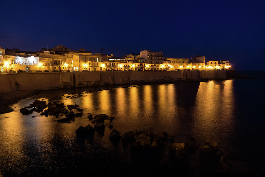 Royal Blue and Gold - Syracuse Sicily from the Sea Promenade Photograph by Georgia Mizuleva
