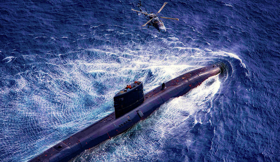 Royal Navy Trafalgar Class Submarine and Helicopter Photograph by Mountain Dreams