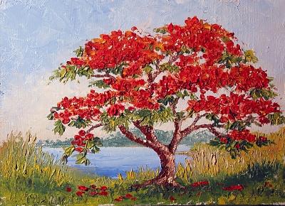 Poinciana Painting - Royal Poinciana By The River by Lenore McNamara Poinciana Painting - Royal Poinciana By The River by Lenore McNamara
