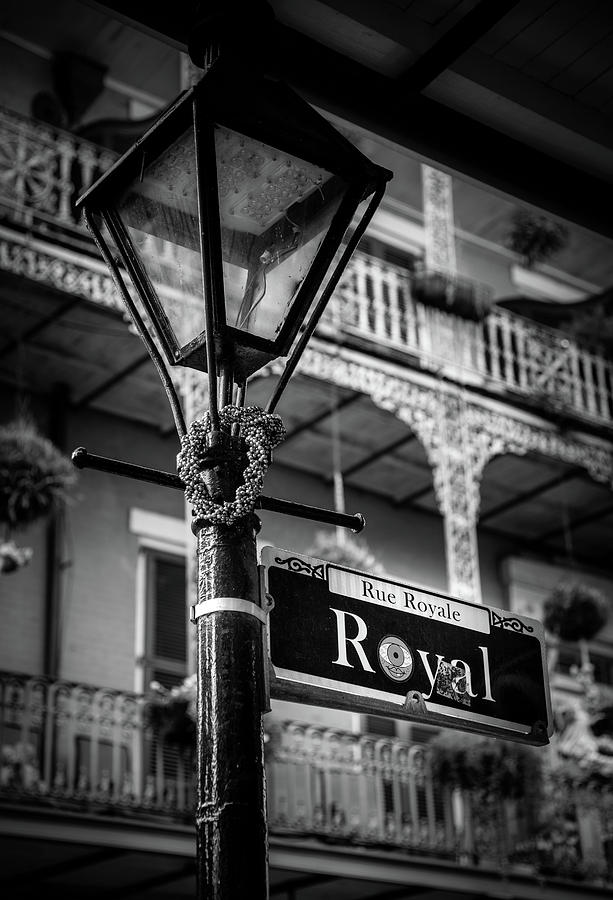 Royal Street Lamp In Black and White Photograph by Greg and Chrystal Mimbs