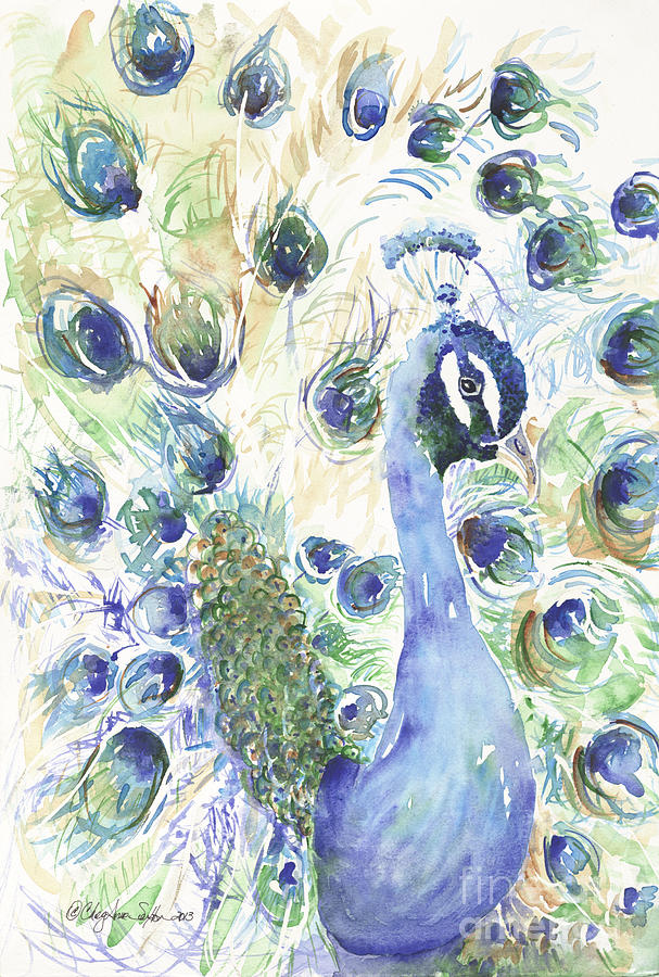 Royal Turquoise Blue Peacock Watercolour By Cheyanne Sexton Painting