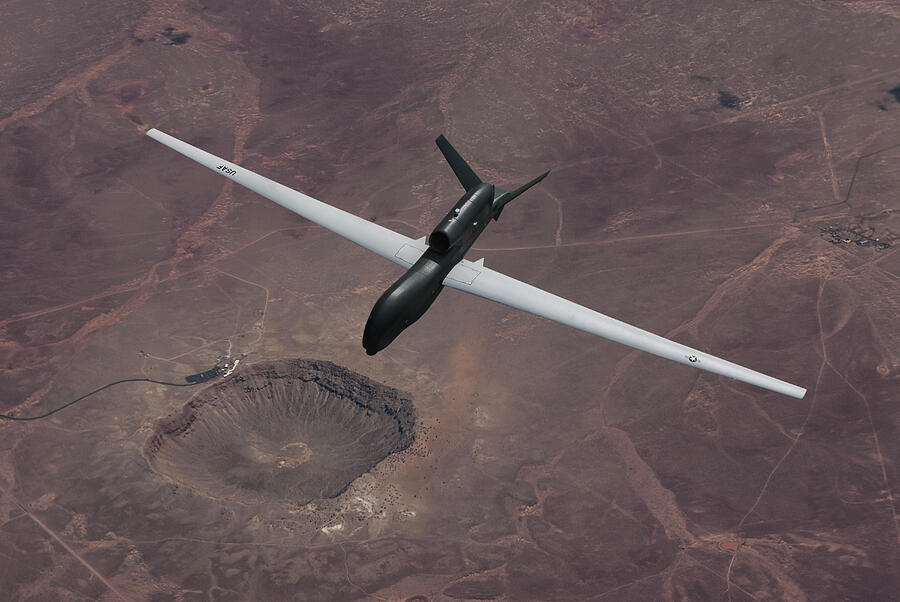 RQ-4B Global Hawk over the Arizona Meteor Crater Digital Art by Erik Simonsen RQ-4B Global Hawk over the Arizona Meteor Crater Digital Art by Erik Simonsen
