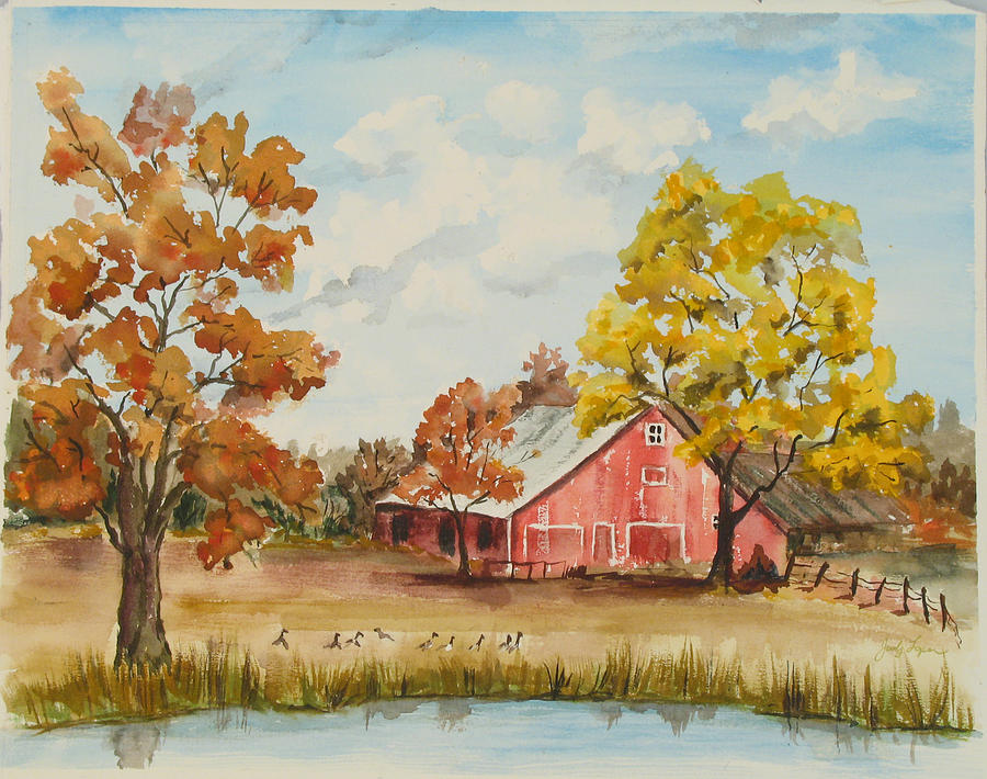 Fall Painting - Rt 66 Barn in Bristow Oklahoma by Judy Loper
