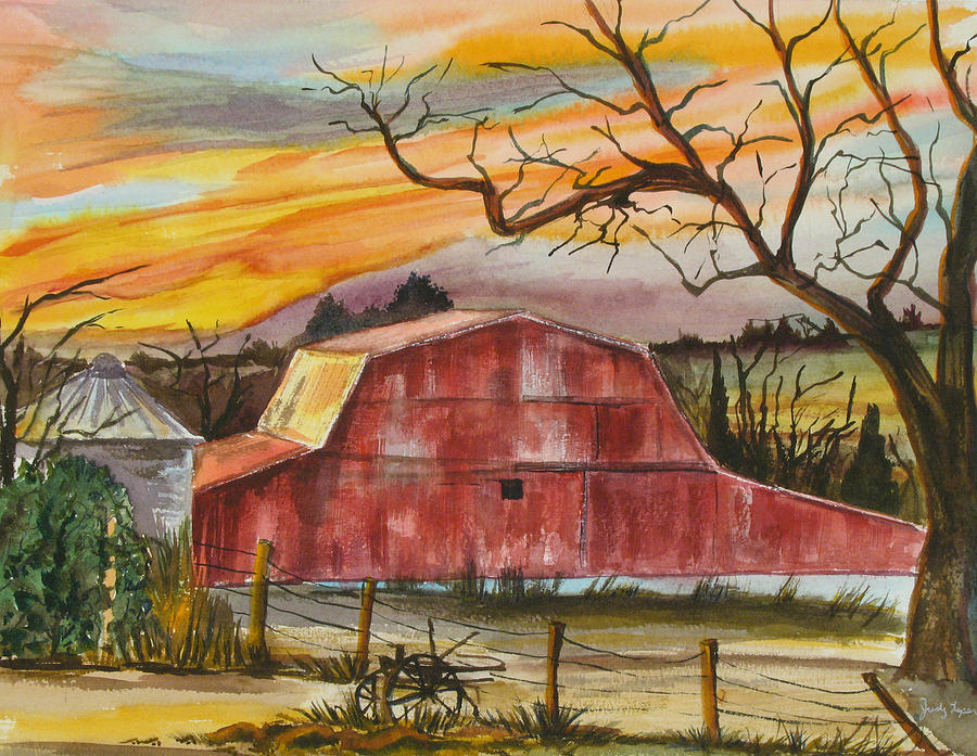 Sunset Painting - Rt 66 Barn outside Davenport Oklahoma by Judy Loper