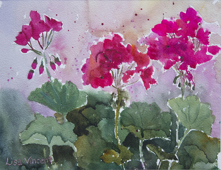 Ruby Geraniums Painting by Lisa Vincent
