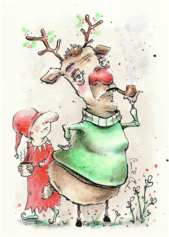 Christmas Painting - Rudolph Posing For His Self Portrait by Connor Crank